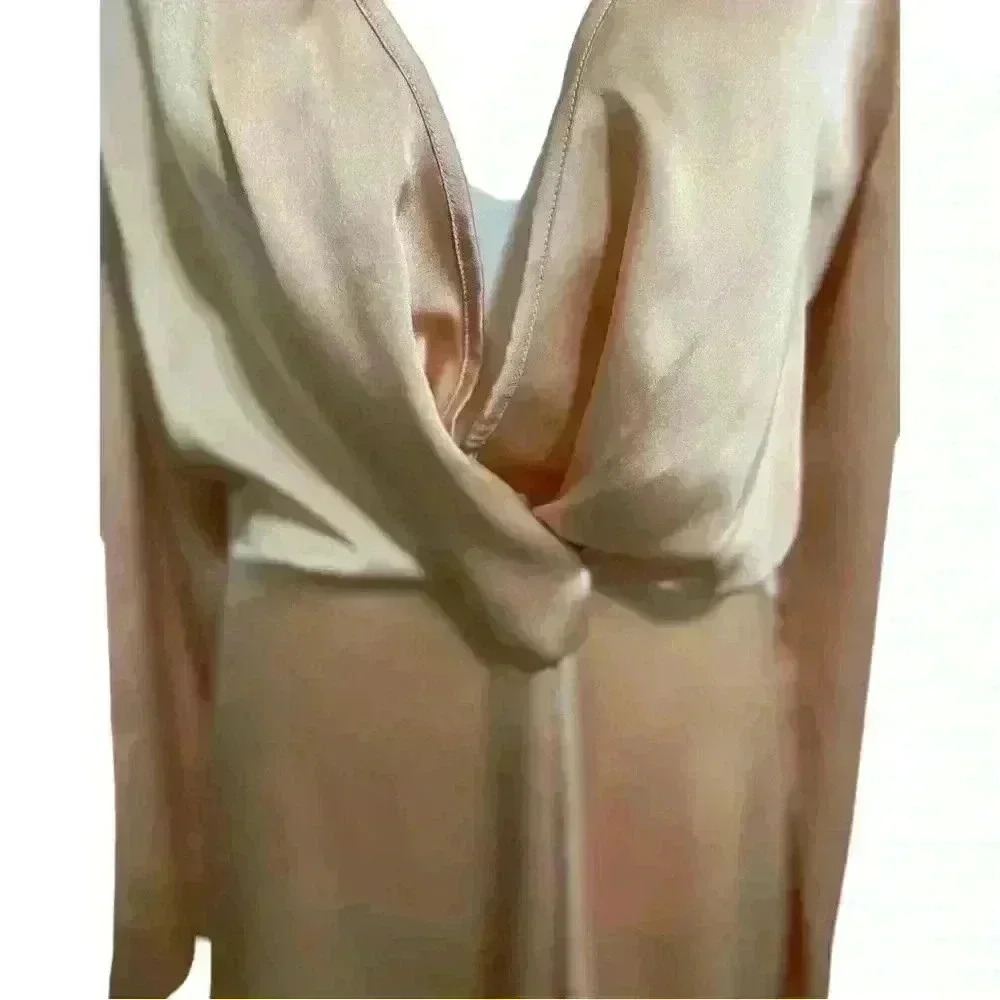 PrettyLittleThing Nude Satin Long Sleeve Wrap Dress - Picture 9 of 13